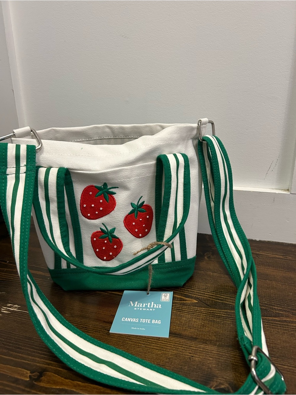 Martha Stewart White Canvas Tote with Green Stripes and Red Strawberry Appliques